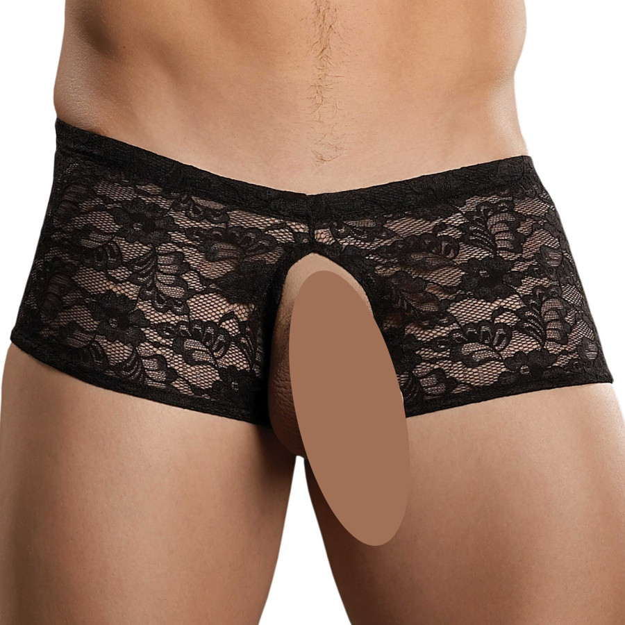 Boxer Bottomless en dentelle Crocthless Noir